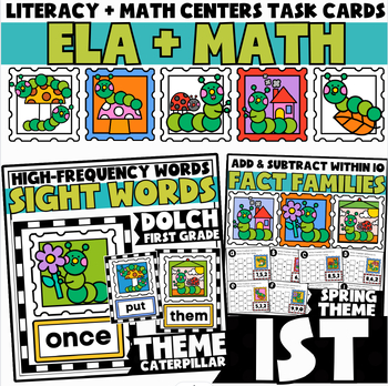 Preview of 1st Grade Literacy + Math Spring Themed Task Cards