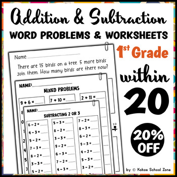 Preview of 1st Grade Math Addition and Subtraction Word Problems and Worksheets within 20