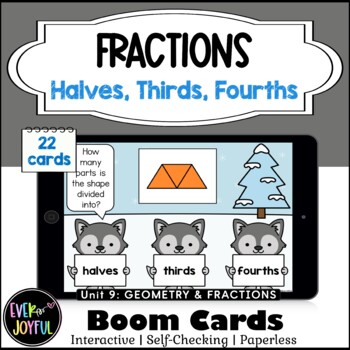 Preview of 1st Grade Math Boom Cards [Unit 9] Fractions Partitions: Halves, Thirds, Fourths
