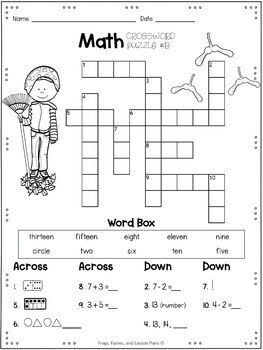 1st Grade Math Crossword Puzzles - September by Fairies and Lesson Plans