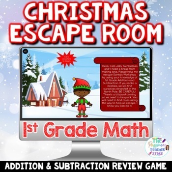 Preview of 1st Grade Math Digital Christmas Escape Room | Addition and Subtraction Review
