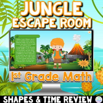 Preview of 1st Grade Math Digital Spring Jungle Escape Room Game Shape & Time Activity