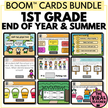 Preview of 1st Grade Math & ELA End of the Year / Summer Escape Rooms and Review Game Show