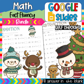 Preview of 1st Grade Math Fact Problem Worksheets, Digital Winter Christmas Holidays