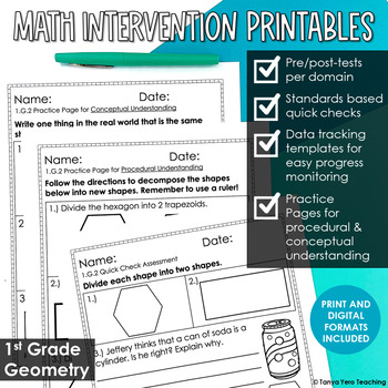 1st Grade Math Intervention Pack GEOMETRY NO PREP Guided Math RTI Math Resources