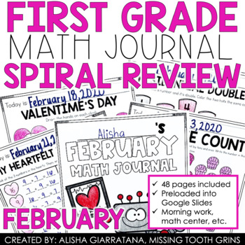 Preview of 1st Grade Math Journal Spiral Review - February Worksheets, Valentine's Day