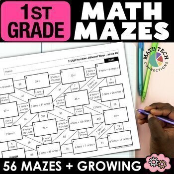 Preview of 1st Grade Math Review Activities, Interactive Notebook MATH MAZES Spiral Review