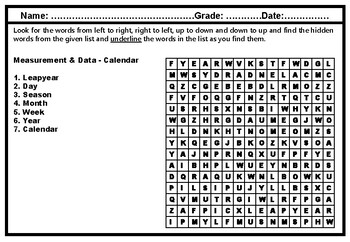 Preview of 1st Grade Math, Measurement & Data Word Search Worksheets, Math Activity EOY