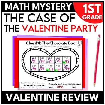 Preview of 1st Grade Math Mystery Valentine's Day | First Grade Math Worksheets Escape Room