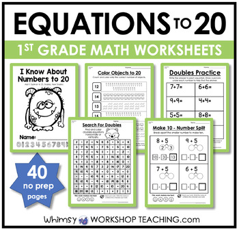 Preview of 1st Grade Math NO PREP Numbers Equations to 20 Worksheets Activities