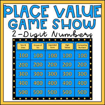 Preview of 1st Grade Math Review Place Value to 100 Game Show 2-Digit Numbers EDITABLE