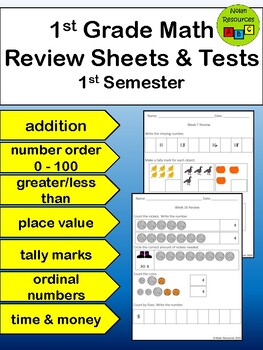 Preview of 1st Grade Math - Review Sheets and Tests - 1st Semester