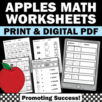 Preview of Apple Theme Math Worksheets Counting Centers Activities Fall Math Packet Sheets