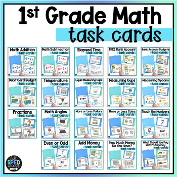 Preview of 1st Grade Math Skills Task Cards Center Activities Special Education Bundle IEP