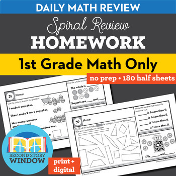 Preview of 1st Grade Spiral Review Math Homework, Exit Tickets, Worksheets + Google, Seesaw