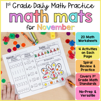 Preview of 1st Grade Math Spiral Review Worksheets - November Morning Work for Fall