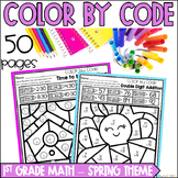 Spring 1st Grade Color by Code Worksheets - Add, Subtract, Fractions, Time