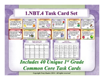 Preview of 1st Grade Math Task Cards 1 NBT.4 Add Within 100 Word Problems 1.NBT.4