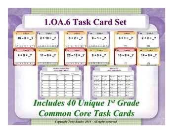 Preview of 1st Grade Math Task Cards Fluently Add & Subtract Within 20 1.OA.6