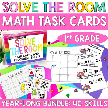 Preview of 1st Grade Math Task Cards Solve the Room Math Centers Activities YEARLONG Bundle