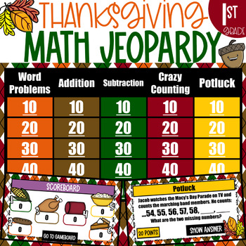 Preview of 1st Grade Math Thanksgiving Jeopardy Review Game (EDITABLE)