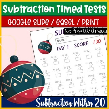 Preview of 1st Grade Math Timed Test, Subtraction to 20 Practice Page, TpT Digital Activity