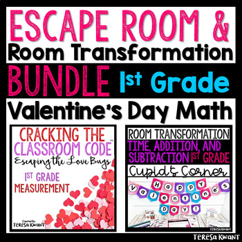 Preview of 1st Grade Math Valentine's Day Room Transformation and Escape Room Bundle
