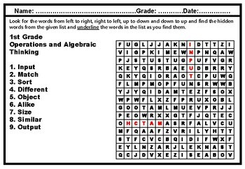 1st Grade Math Vocabulary, Word Search Puzzle, Year Long Worksheets, No