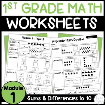 Preview of 1st Grade Math Worksheets Sums and Differences to 10 Topic Quizzes