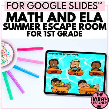 Preview of 1st Grade Math and ELA Summer Escape Room Google Slides™ Game
