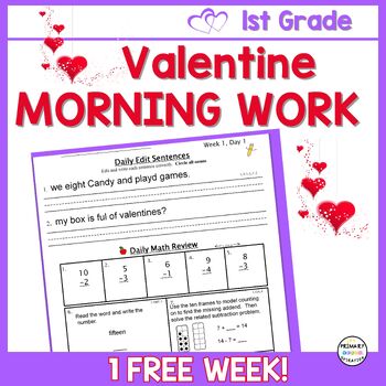 Preview of Free 1st Grade Valentine Morning Work Math & ELA Spiral Review