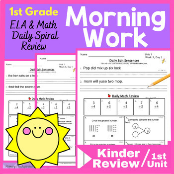 Preview of 1st Grade Morning Work Math and ELA Daily Spiral Review KINDER REVIEW UNIT