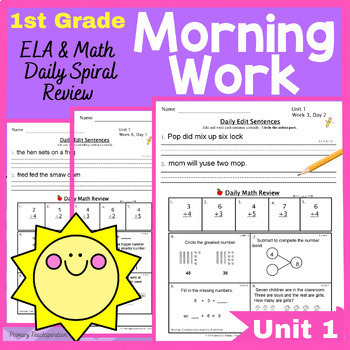 Preview of 1st Grade Morning Work Math and ELA Daily Spiral Review UNIT 1