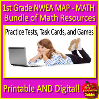 Preview of 1st Grade NWEA Map Math Practice Tests, Task Cards and Games - Print and Digital