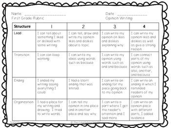 1st Grade Opinion Writing Rubric/Checklist (Adapted from Lucy Calkin)