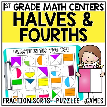 Preview of 1st Grade Fractions | Halves & Quarters Partitioning Math Centers | 1.G.3