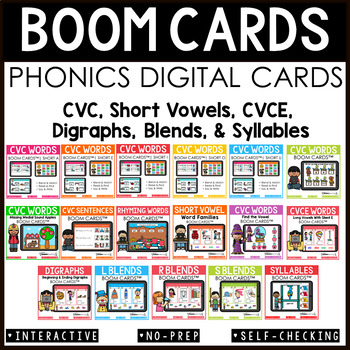 Preview of 1st Grade Phonics Boom Cards: CVC, CVCE, Blends, Digraphs, Syllables Activities