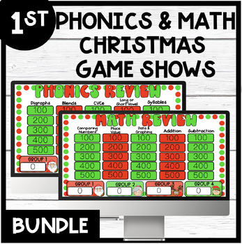 Preview of 1st Grade Phonics & Math Review | Christmas Themed | Game Show | Holiday BUNDLE