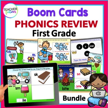 Preview of 1ST GRADE PHONICS BOOM CARDS Blends CVCe Vowel Teams GAMES End of Year REVIEW