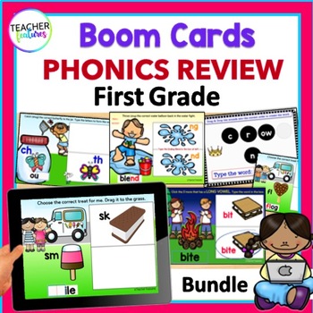 Preview of 1ST GRADE PHONICS Blends CVCe Vowel Teams Games BOOM CARDS End of Year REVIEW