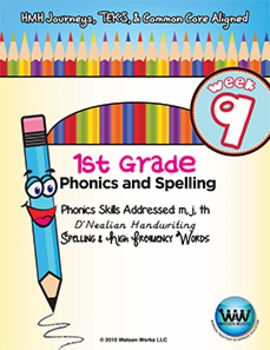 Preview of 1st Grade Phonics and Spelling D'Nealian Week 9 (m, j, th) {TEKS-aligned}