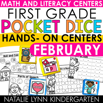 Preview of 1st Grade Pocket Dice Activities FEBRUARY Winter Math and Literacy Centers