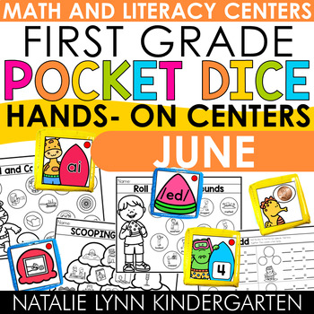Preview of 1st Grade Pocket Dice Activities JUNE Summer Math and Literacy Centers