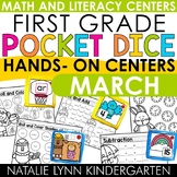 1st Grade Pocket Dice Activities MARCH spring Math and Lit