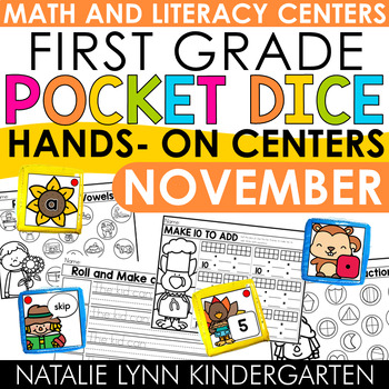 Preview of 1st Grade Pocket Dice Centers NOVEMBER Math and Literacy Centers