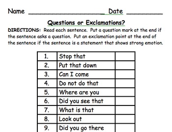 Preview of 1st Grade Punctuation Practice:  Questions or Exclamations?