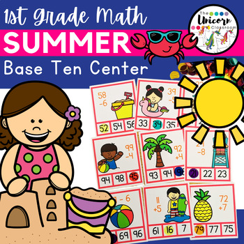 Preview of 1st Grade SUMMER Math Add & Subtract Double+Single Digit Numbers Clip It Center