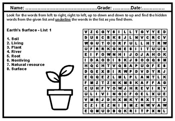 1st grade science earth science word search worksheets by swati sharma