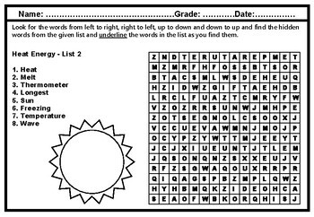 1st grade science energy word search worksheets by swati sharma