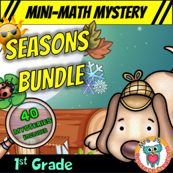 Preview of 1st Grade Seasons Bundle of Mini Math Mysteries (Printable & Digital Worksheets)